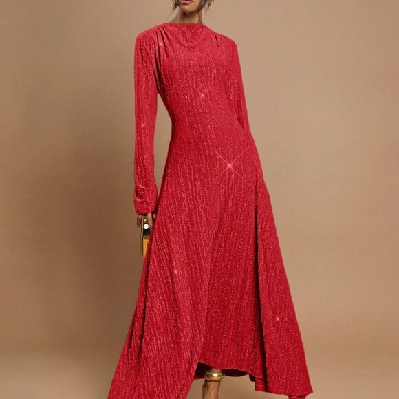 Dresses & Skirts - Red Party Women's Stand Collar Long Sleeve Sparkling Luxury Long Dress